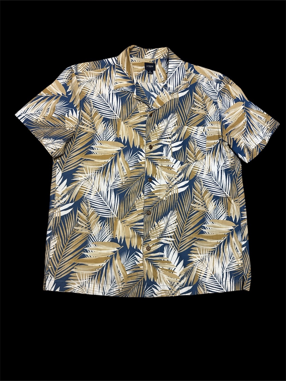 J.Crew Palm Print Camp Shirt Men’s Size Medium Button Up Navy Tan White Casual